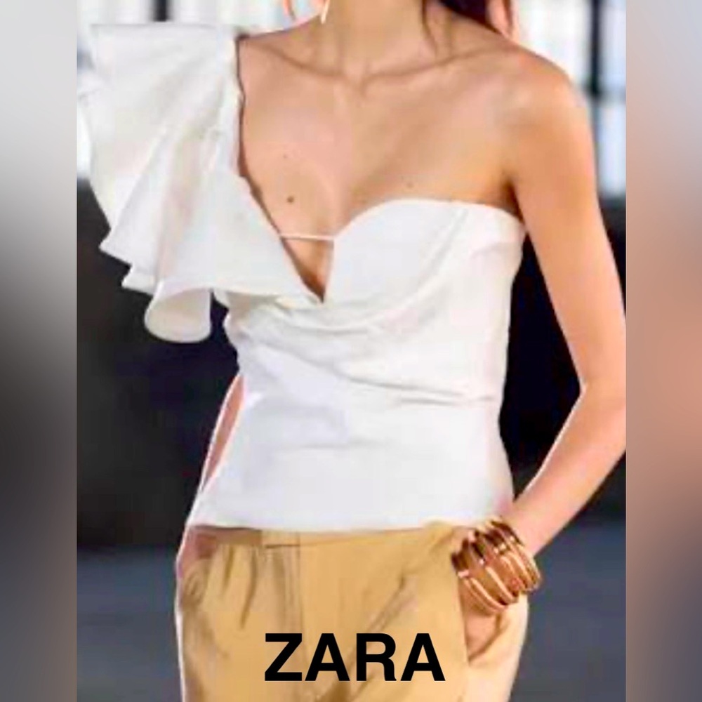 ZARA White One-Shoulder Ruffle Draped Top - Size S - NEW